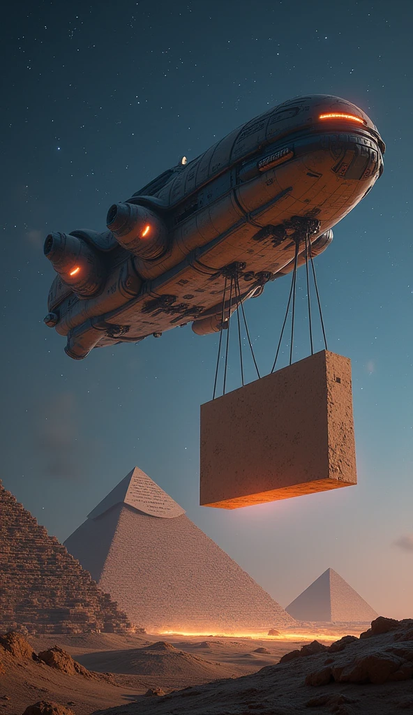 Create an impressive scene showing a futuristic and advanced spaceship in the night sky, with a huge stone block suspended by alien technology. The ship must clearly be transporting the stone block towards the pyramids of Egypt., that are visible in the background. The image should capture the combination of technological and ancient elements, highlighting the interaction between advanced extraterrestrial technology and the iconic pyramids. The sky must be starry, and the light from the ship and the stone block should illuminate the scene, creating a dramatic contrast between the ancient and the futuristic.