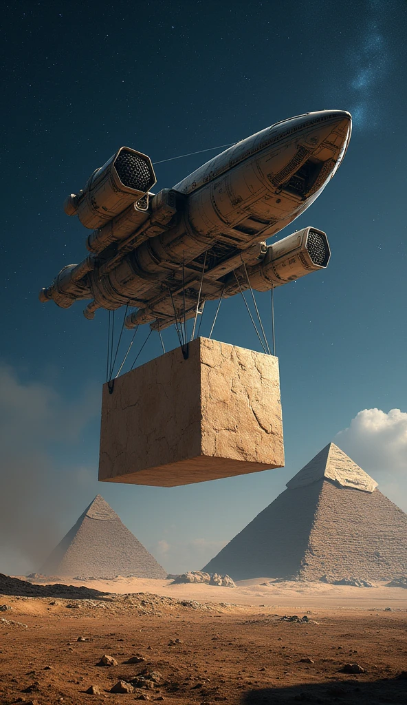 Create an impressive scene showing a futuristic and advanced spaceship in the night sky, with a huge stone block suspended by alien technology. The ship must clearly be transporting the stone block towards the pyramids of Egypt., that are visible in the background. The image should capture the combination of technological and ancient elements, highlighting the interaction between advanced extraterrestrial technology and the iconic pyramids. The sky must be starry, and the light from the ship and the stone block should illuminate the scene, creating a dramatic contrast between the ancient and the futuristic.