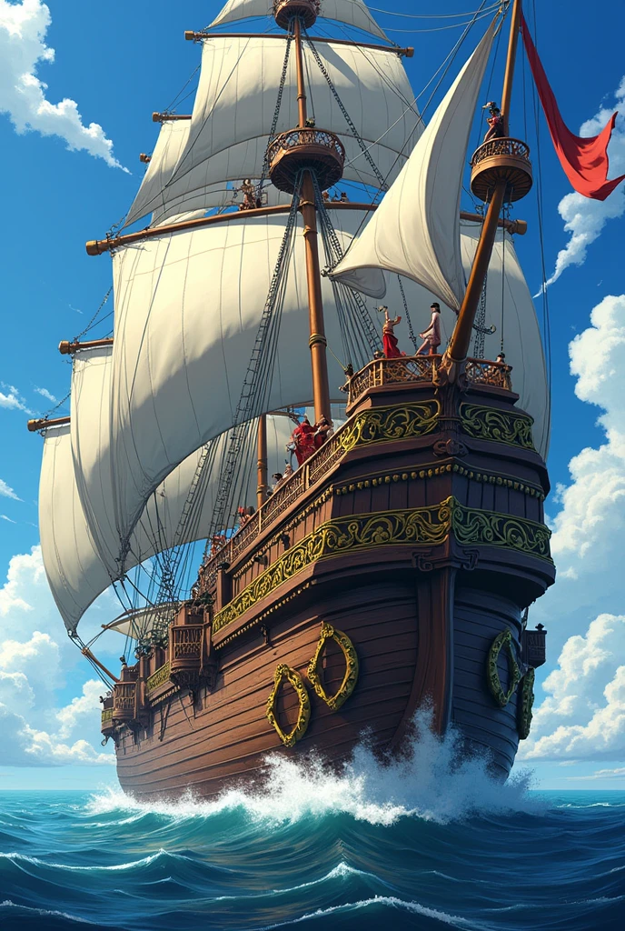I want a picture of Luffy, Sandy, Zoro, US, Sanji, Chopper, Robin, Franky, Brook e Jimbe, on their pirate ship, the ship is more beautiful, mais bonito, much more, that puts fear into other pirates, much more fear, a gigantic fear, a huge ship