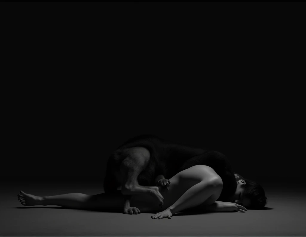 Black silhouette of a naked woman lying on the floor with a dog on top of her in an affectionate way