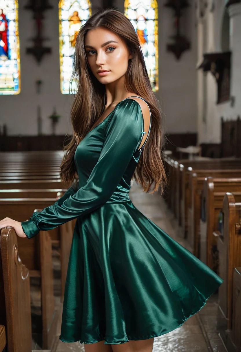  young brunette woman, beautiful eyes. long brown hair. Short strap dress made of shiny dark green satin, Tights, 项链, transparent lip gloss, narrow building, Pretty, 2, Full body photo, long legs, Satin top, Standing in a church and playing with the dress, looks stunning. is enthusiastic