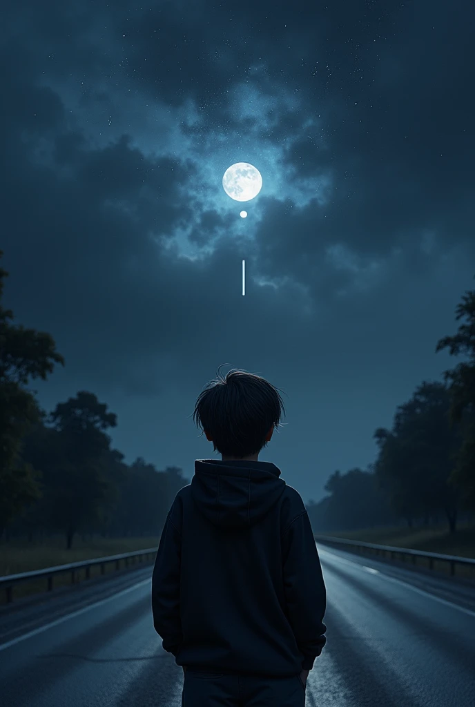 (photorealism:1.2),a 6 ft boy, standing on left side of road, wearing black hoodie, long hair, hands in pocket, looking at the sky, darkish sky, moon shining , falling star, black clouds, endless road, sky full of stars, nebula on sky trees road side, view from back,wet road