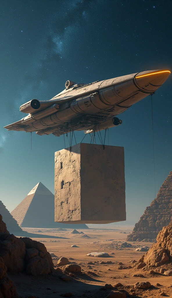 Create an impressive scene showing a futuristic and advanced spaceship in the night sky, with a huge stone block suspended by alien technology. The ship must clearly be transporting the stone block towards the pyramids of Egypt., that are visible in the background. The image should capture the combination of technological and ancient elements, highlighting the interaction between advanced extraterrestrial technology and the iconic pyramids. The sky must be starry, and the light from the ship and the stone block should illuminate the scene, creating a dramatic contrast between the ancient and the futuristic.