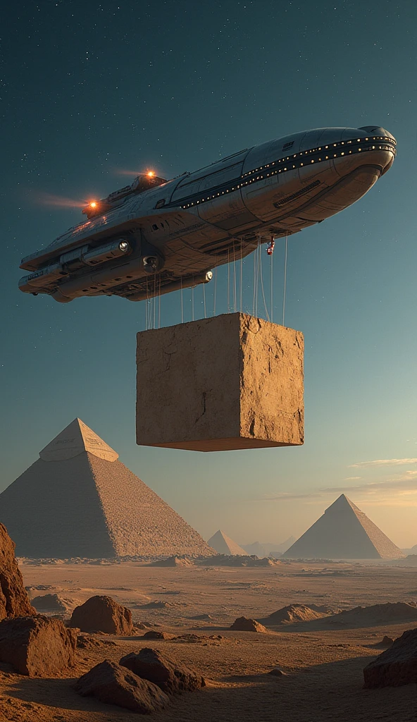 Create an impressive scene showing a futuristic and advanced spaceship in the night sky, with a huge stone block suspended by alien technology. The ship must clearly be transporting the stone block towards the pyramids of Egypt., that are visible in the background. The image should capture the combination of technological and ancient elements, highlighting the between advanced extraterrestrial technology and the iconic pyramids. The sky must be starry, and the light from the ship and the stone block should illuminate the scene, creating a dramatic contrast between the ancient and the futuristic.