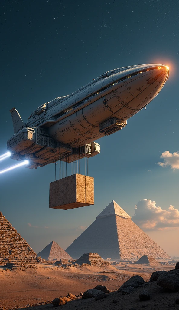 Create an impressive scene showing a futuristic and advanced spaceship in the night sky, with a huge stone block suspended by alien technology. The ship must clearly be transporting the stone block towards the pyramids of Egypt., that are visible in the background. The image should capture the combination of technological and ancient elements, highlighting the interaction between advanced extraterrestrial technology and the iconic pyramids. The sky must be starry, and the light from the ship and the stone block should illuminate the scene, creating a dramatic contrast between the ancient and the futuristic.