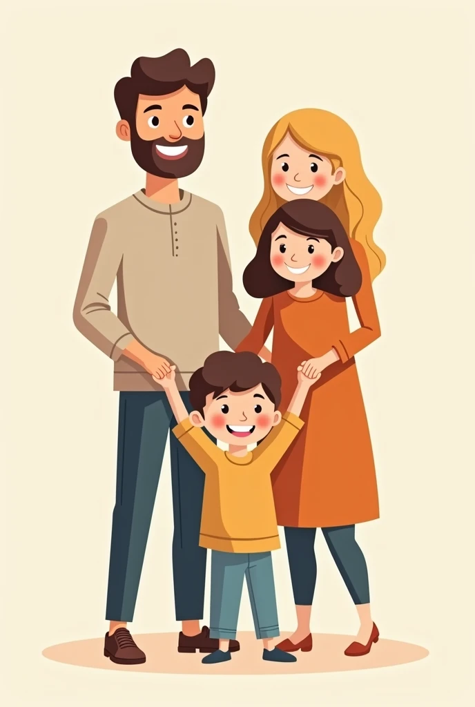 logo of a happy and united family, with a tall slim dad with dark brown hair and mom with light brown curly hair both 30 years old, a 13-year-old dark-haired son and a 2-year-old blonde girl