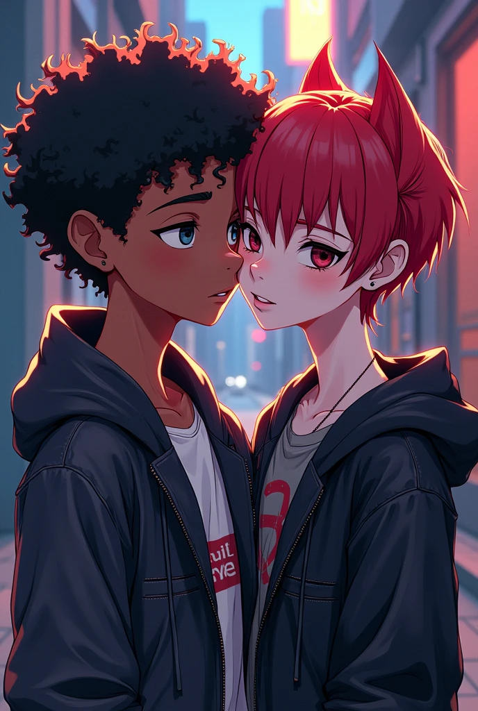 Generates a boy with dark skin and cute curly hair in a y2k style and with a good-natured face of  next to an emo punk girl with short wolfcut and red hair dressed in black, gothic metal and satanic and anemic in anime style. 