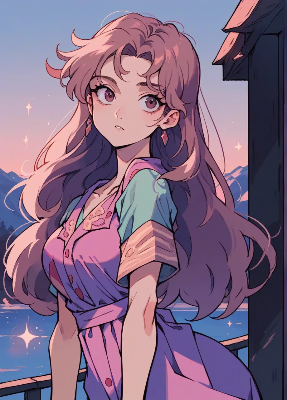 90's anime style,tmasterpiece,best qualityer,highest quality,realisticlying,perfectanatomy,perfectface,Perfect eyes, 1girll,solo,brunette color hair,shift dresses,eBrown eyes,Red dress,blacksilk, pyjamas,exteriors