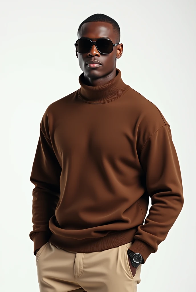 best qualityer:1.4), (ultra high resolution:1.2), (photorrealistic:1.6), (8k, CRU photo:1.2),  a 20 year old dark skinned young man. Haircut with shaved sides and a low top without volume. He is wearing a brown long-sleeved, high-neck shirt.. beige social pants. Dark sunglasses. Camera focuses on the face. Standing in a photo studio with a white background 
