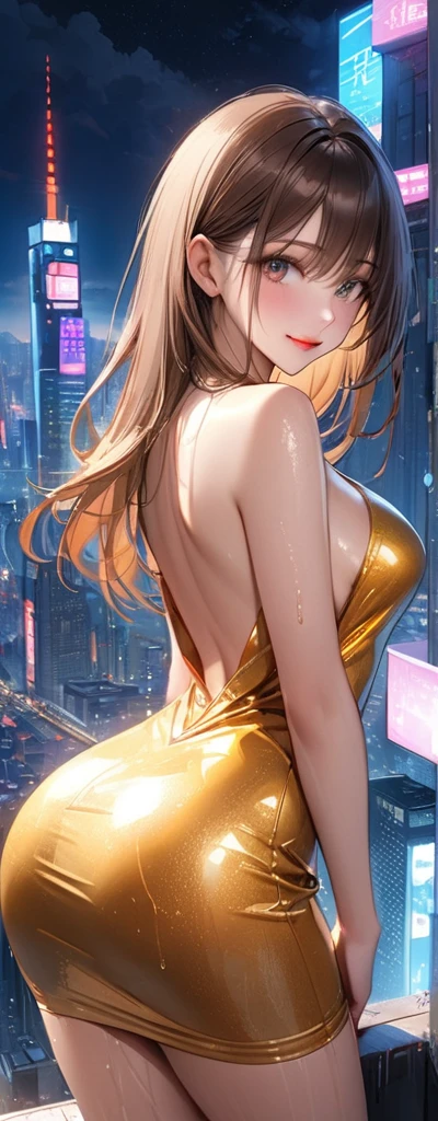 Straight hair、Brown Hair,((Very exquisite golden sexy dress)), Appearance , (beautiful girl: 1.3),One person,Highest quality,8k,Highly detailed CG unit wallpaper,masterpiece:1.2,Highest quality,Ultra-high resolution,RAW Photos,Realistic textured skin,Cinema Lighting,Happy,big eyes,Detailed eyes,Wet,Wet,(Glossy lipstick,Perfect Makeup,Ultra-high definition beauty face,Huge building,Metropolis,(big, Round and beautifully shaped butt),(Standing on the rooftop of a skyscraper in Cyber City),(panoramic),night,Detailed neon lights,