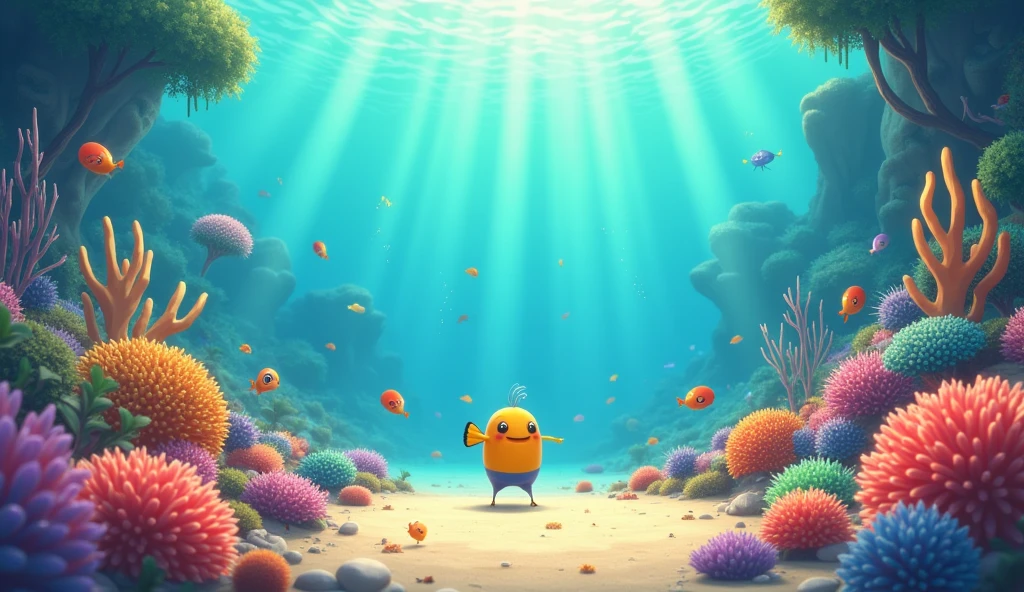 In the style of a tranquil underwater world landscape, Mr.々Marine life,Colorful animated stills, Amber Style, Honest portrayal