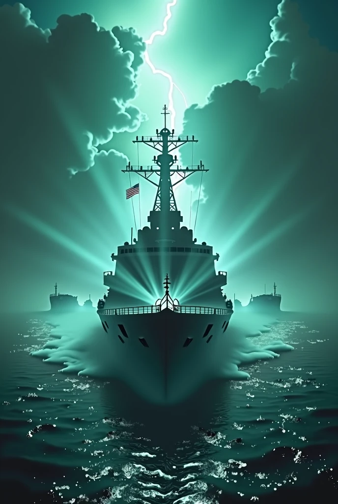 A striking image of the USS Eldridge amidst an electromagnetic energy field. The ship is partially visible and partially invisible, with a bluish-green glow around its structure. The background should depict a military shipyard in Philadelphia, with rays of light and distortions in the water, as if the ship is in the process of dematerializing. Add a sense of tension with dark clouds and storms on the horizon, and include the title "تجربة فيلادلفيا: السر الذي لا يريدك الحكومة أن تعرفه؟" in large, dramatic letters at the top of the image