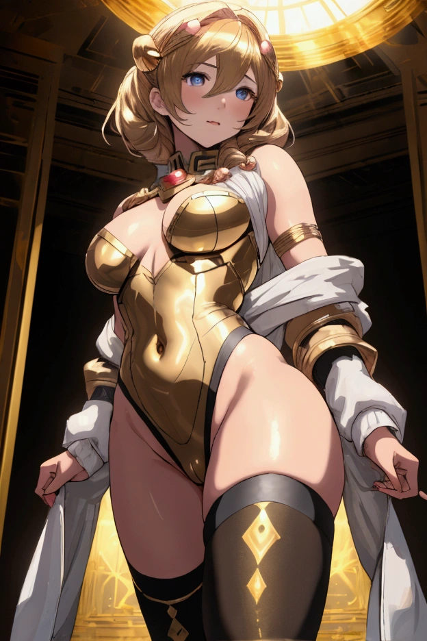 (Best quality, Ultra detailed, Golden ratio, Masterpiece:1.2), Theatrical lighting:0.7(ray tracing), 1 girl, Marthfire emblem, turned into a woman, posing, athletic body, small thighs, small breasts,perky breasts, heart-shaped ass, tight pussy(shiny skin)(detailed skin) (perfect hands), posing, sexual, attractive, lewd, orgasmic, blushing, very feminine, wearing a battle dress, thigh highs(perfect eyes), in a temple