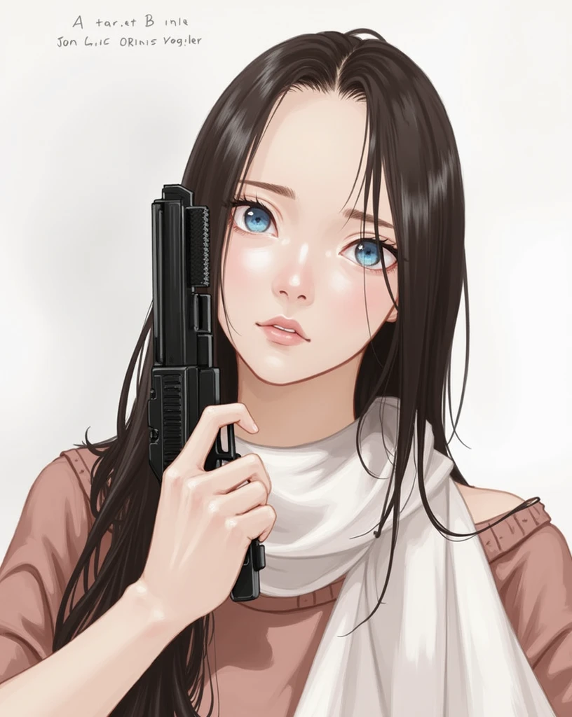 age woman dressed in black with gun in hand black hair and blue eyes