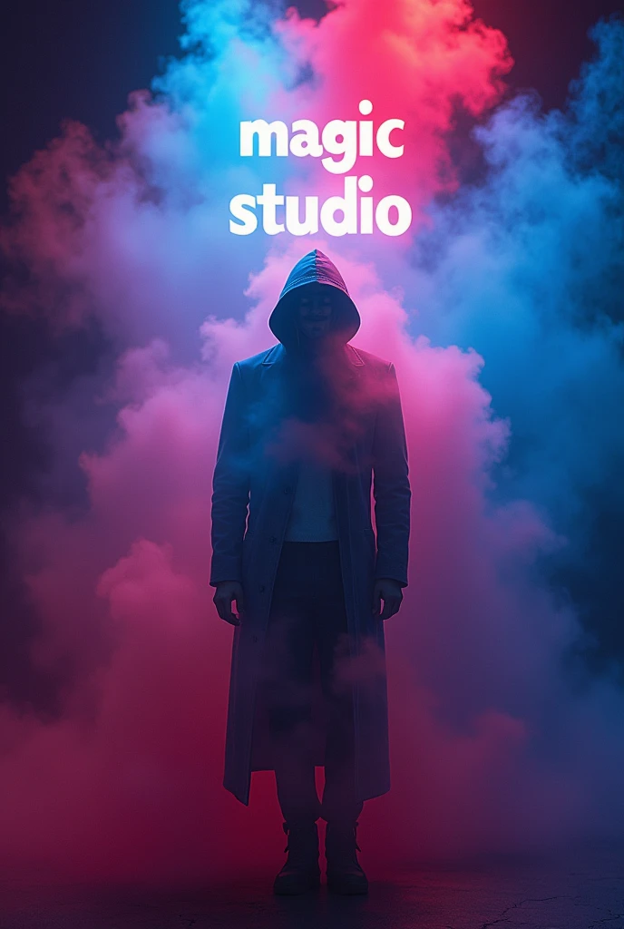 "Magic Studio" is a company that works in the photo industry, works brightly colorfully professionally. There is something mysterious and slightly mystical in the center., above the above in the center of the picture is the title, where the letter "Magic" is drawn in the style of the Mibech brand and the word "Studio" looks clear, bold, stylish and modern. There is light smoke in the background