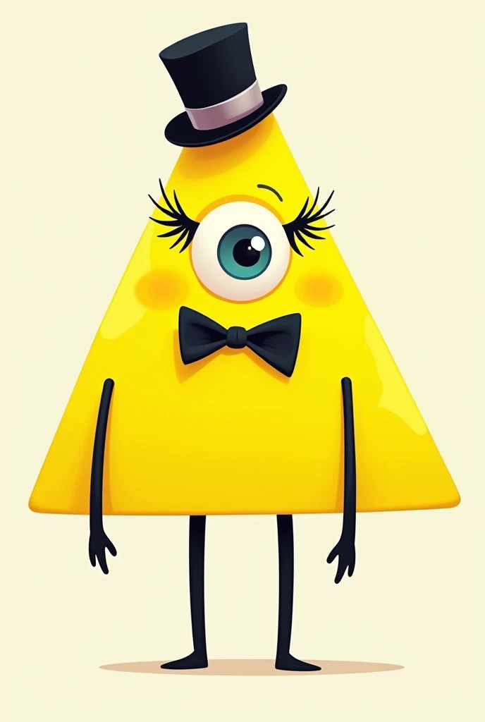 yellow triangle with one eye, eyelashes, bowtie, tophat and black limbs