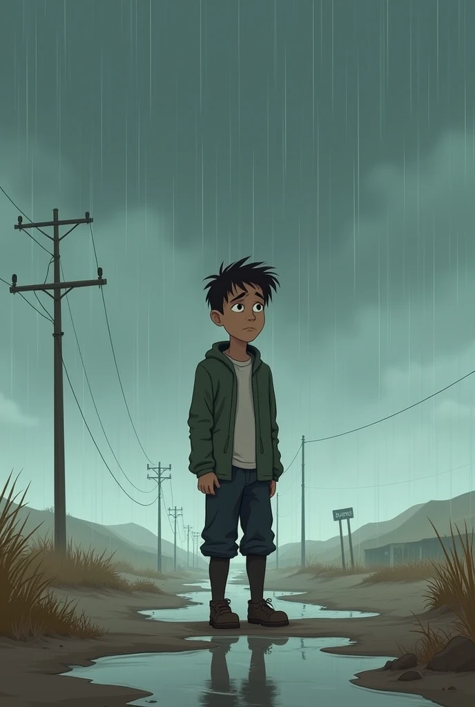 A lonely man sad in the rain desolate in cartoon