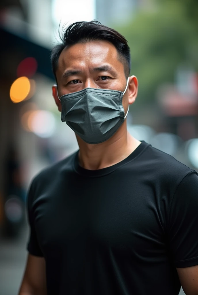 1 Man HD Photo 8K Photo Thai Face, Good Figure, Wearing Black T-Shirt, Blurred Background, In The City, Short Hair, Wearing Mask