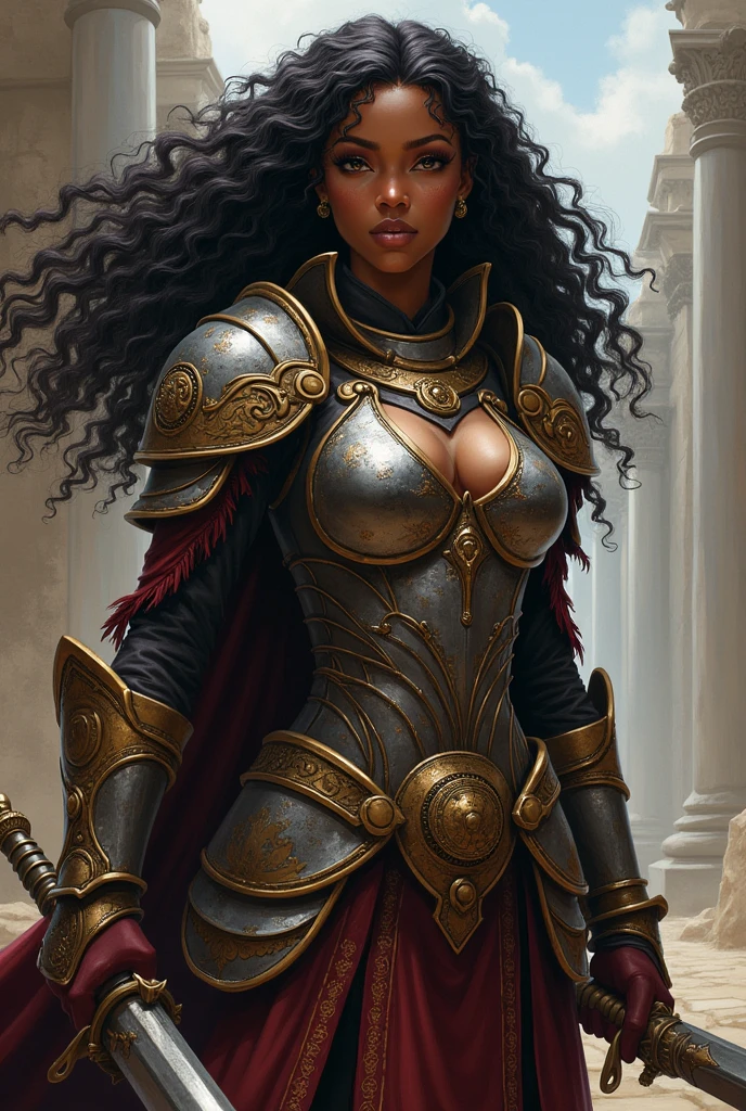 Create a black woman, she is a warrior, she has long curly hair, she wears armor, create in the drawing style of VOX MACHINA by critical role