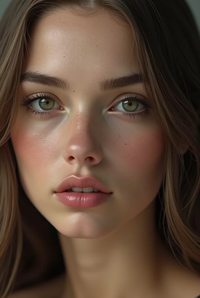 (photorealism 1.2) Very realistic pretty woman with a square jaw. a thin, closed mouth and a smooth chin. Highly detailed dark green eyes and light brown hair, smooth and long. Very detailed