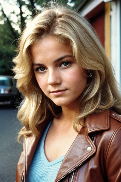 Medium view, of young aged, 16 year old, mom, gilf, milf, face portrait, german features, chubby, long 1970s hair, blond hair, 1970s clothing, leather jacket, in Small town 1970s,
