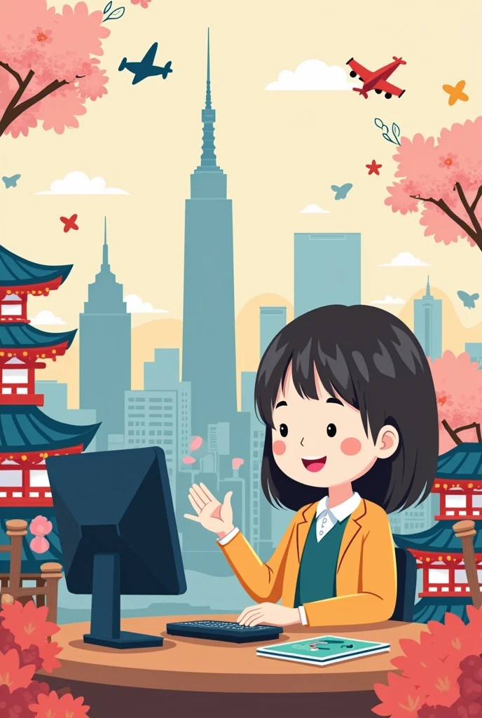 chibiart, woman, teaching on zoom, icon, New York, Japan, travel


