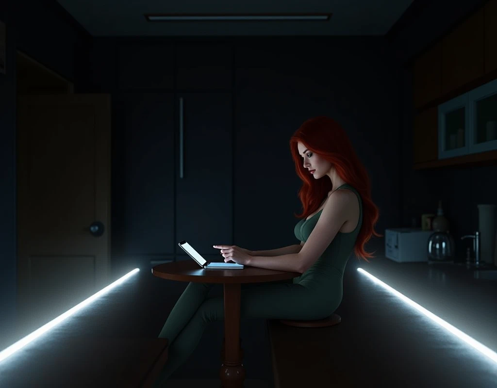 High-quality photograph of a сочная девушка с рыжими волосами, sitting on the edge of the kitchen table. Her figure is distinguished by her large breasts., which gives the scene a special appeal and sensuality. She is dressed in a dark green bodysuit., which emphasizes her femininity. The girl leans her hips on the table in a relaxed manner, while her attention is focused on the smartphone screen. Contemporary kitchen with dark cabinets and wood accents, and also soft light, penetrating through the window, create an atmosphere of comfort and tranquility, perfectly complementing her morning ritual.