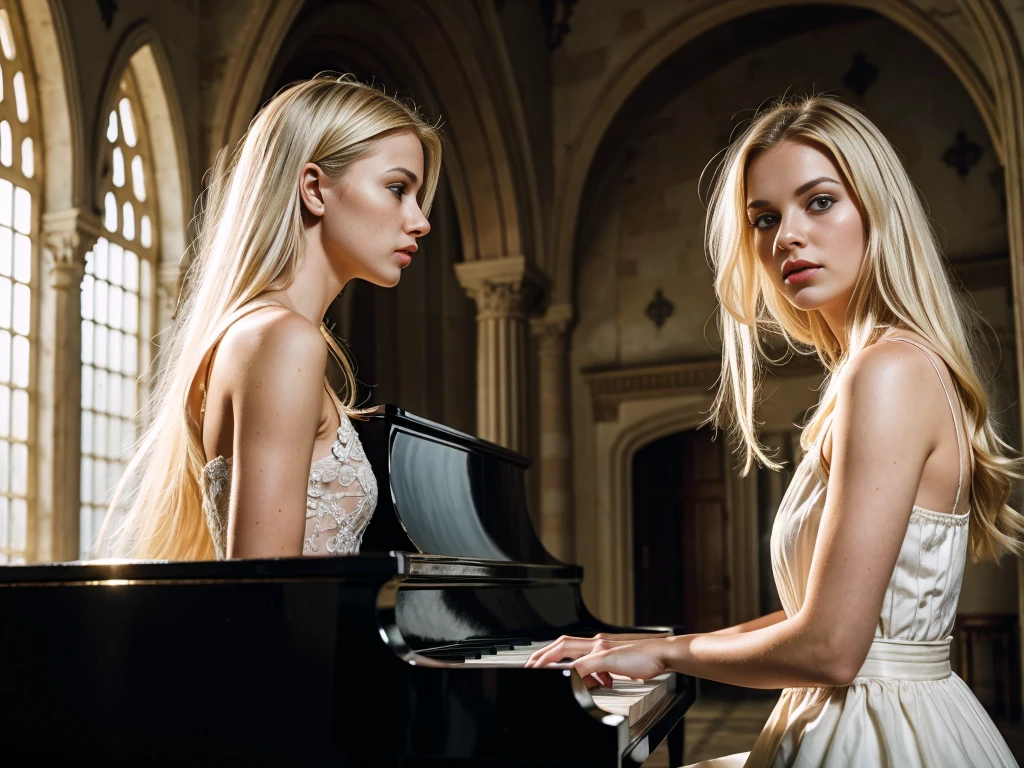 "Create a high-quality image of a blue-eyed blonde Scandinavian woman playing the piano. The girl is dressed in an elegant white dress and stands behind a black piano on a battlefield surrounded by ruined walls and broken weapons.
The piano looks antique and elegant, with a shiny surface reflecting the sun's rays. The girl is fully focused on the game, her long and graceful fingers with short nails smoothly glide over the keys, creating a melody. Both of the girl's hands are clearly visible, emphasizing their structure and skill.
The photo is taken from a low angle to emphasize the grandeur and drama of the scene. The sun's rays create soft shadows and highlights, adding a magical atmosphere. Ruined walls and broken weapons are visible in the background.
The girl looks determined and invincible, her white hair fluttering slightly in the wind. Her gaze is directed into the distance, creating a sense of strength and courage. The emphasis is on both hands and fingers so that their structure and movements are clearly visible."