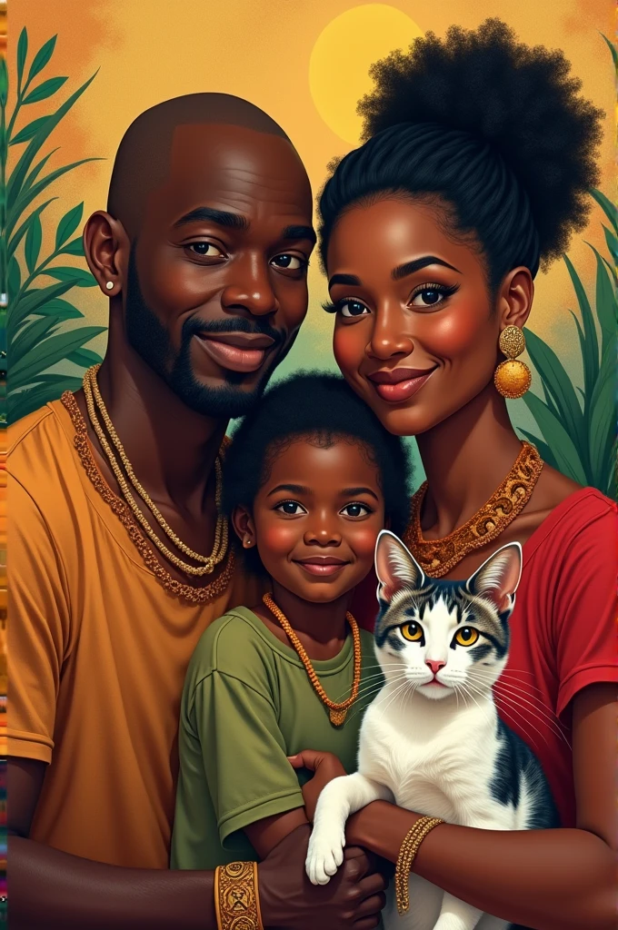 Une famille Haïtienne de 4 personnes . Un père noir qui est un chauve, a very beautiful mother, an adult big sister , ube sister 1 and a cat that is white and gray.