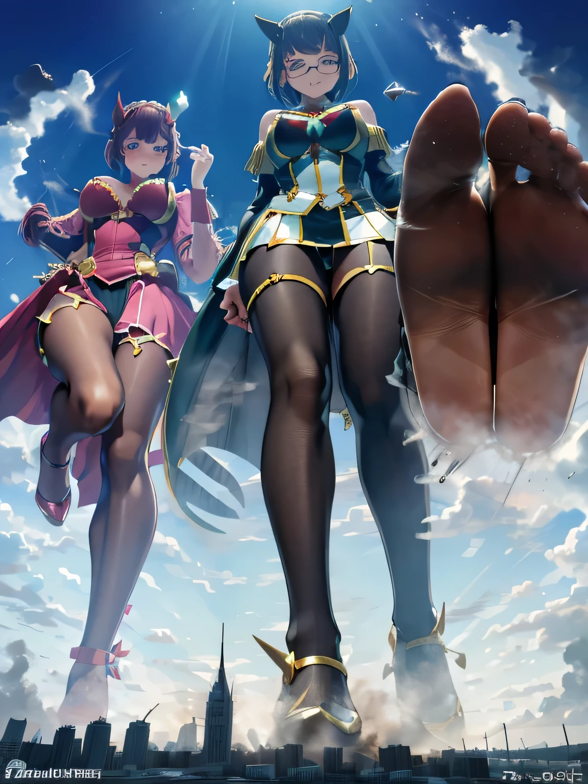 multiple girls, 3girls, standing, giantess art, highly detailed giantess shots, giantess, most detailed, perfect face, Two legs, Five fingers, short hair, A beautiful girl who is bigger than a skyscraper, Wearing rimless glasses, smile, huge breasts, magical girl dress, bow, magical girl, holding a magical wand, black pantyhose, stiletto heels, thunderbolt from a magical wand, seaside metropolis, numerous miniature warships on the sea, Destroying cities, Under heavy attack, A very small big city, Miniature metropolis, Full body description, GTS, giga giantess, gigagts, stomping city, crash city, tiny city, micro city, pantyhose feet, High resolution, highest quality, masterpiece,