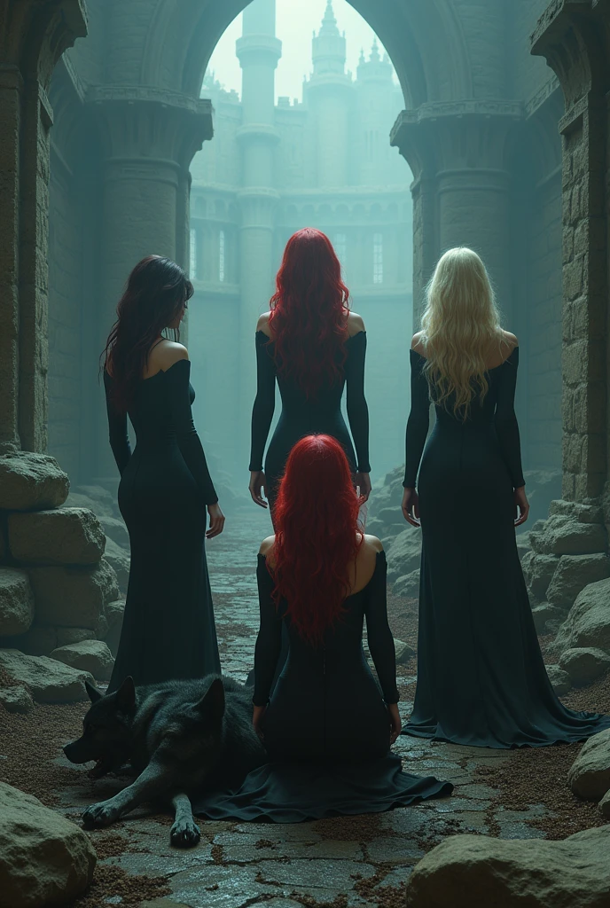 A group of 5 gothic sorceresses, blonde, redhead, brunette, ultra-y, revealing dresses, kneeling, a wolf at their feet, a ruined castle, mist, best quality, 4k, 8k, highres, masterpiece:1.2, ultra-detailed, realistic, photorealistic, photo-realistic:1.37, HDR, UHD, studio lighting, ultra-fine painting, sharp focus, physically-based rendering, extreme detail description, professional, vivid colors, bokeh, dark fantasy, horror, atmospheric, dramatic lighting