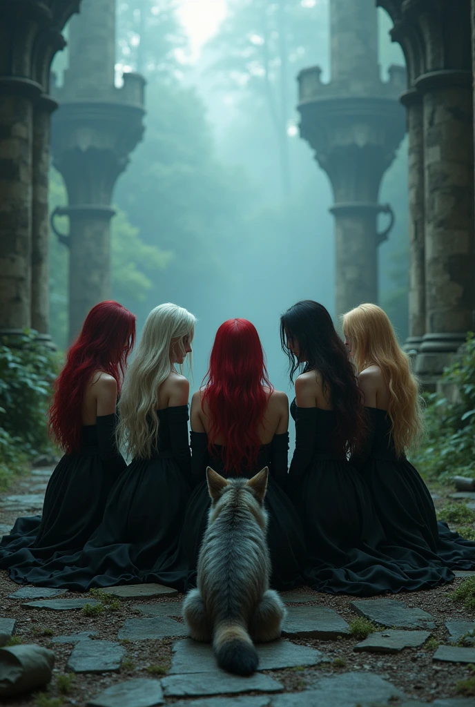 A group of 5 gothic sorceresses, blonde, redhead, brunette, ultra-sexy, revealing dresses, kneeling, a wolf at their feet, a ruined castle, mist, best quality, 4k, 8k, highres, masterpiece:1.2, ultra-detailed, realistic, photorealistic, photo-realistic:1.37, HDR, UHD, studio lighting, ultra-fine painting, sharp focus, physically-based rendering, extreme detail description, professional, vivid colors, bokeh, dark fantasy, horror, atmospheric, dramatic lighting