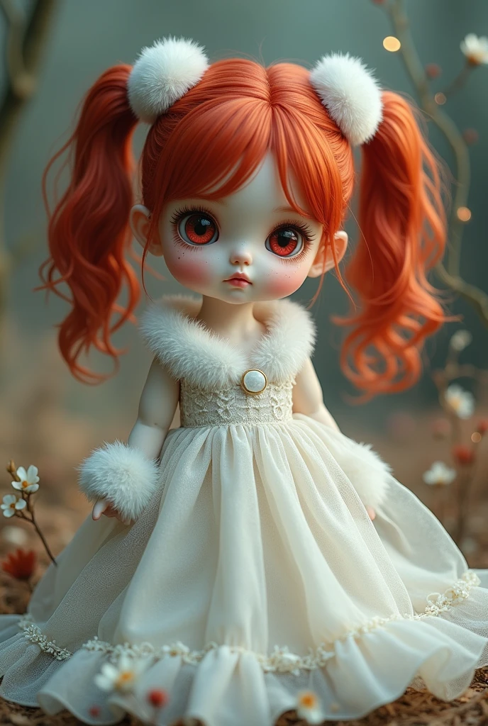 A cute doll with red hair, pigtails and red eyes, dressed in a white furry dress and a white furry glove.
