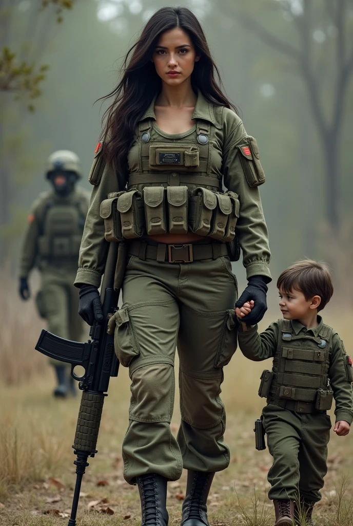 a black hair baird white girl big breasts Curve waist in United states marine corps combat gear with child standing  next to her holding her hand