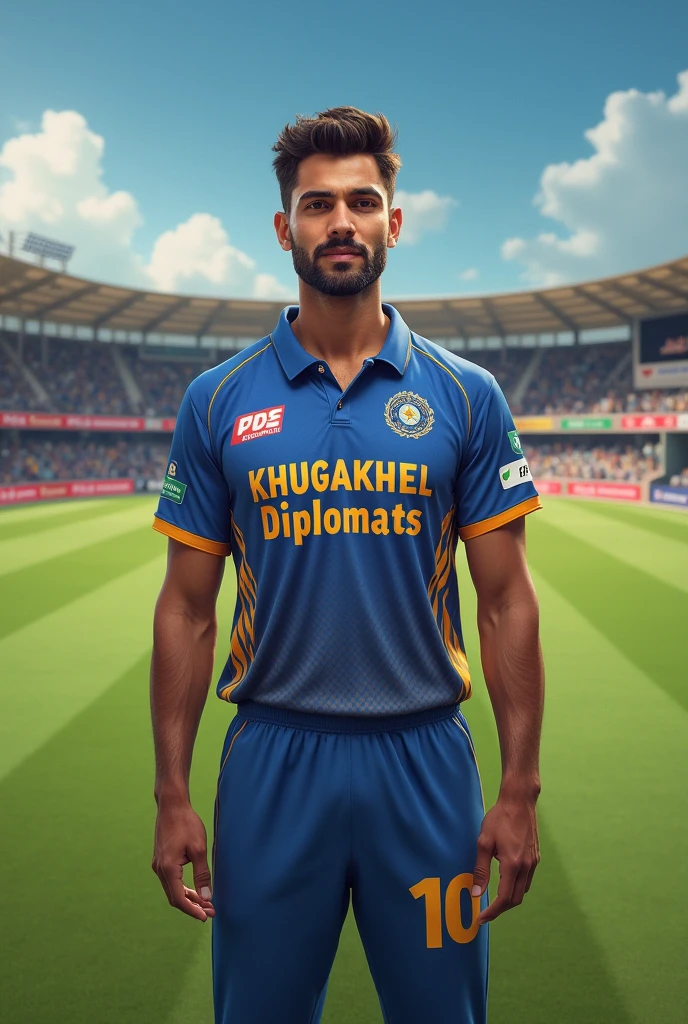 A cricket player wear shirt with the name of khugakhel Diplomats the no 10