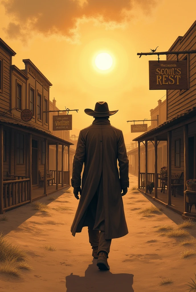 A traveler wanders through a western town at sundown. Only his back is shown. One store sign reads "The Whistler." Another sign reads "Scout's Rest."