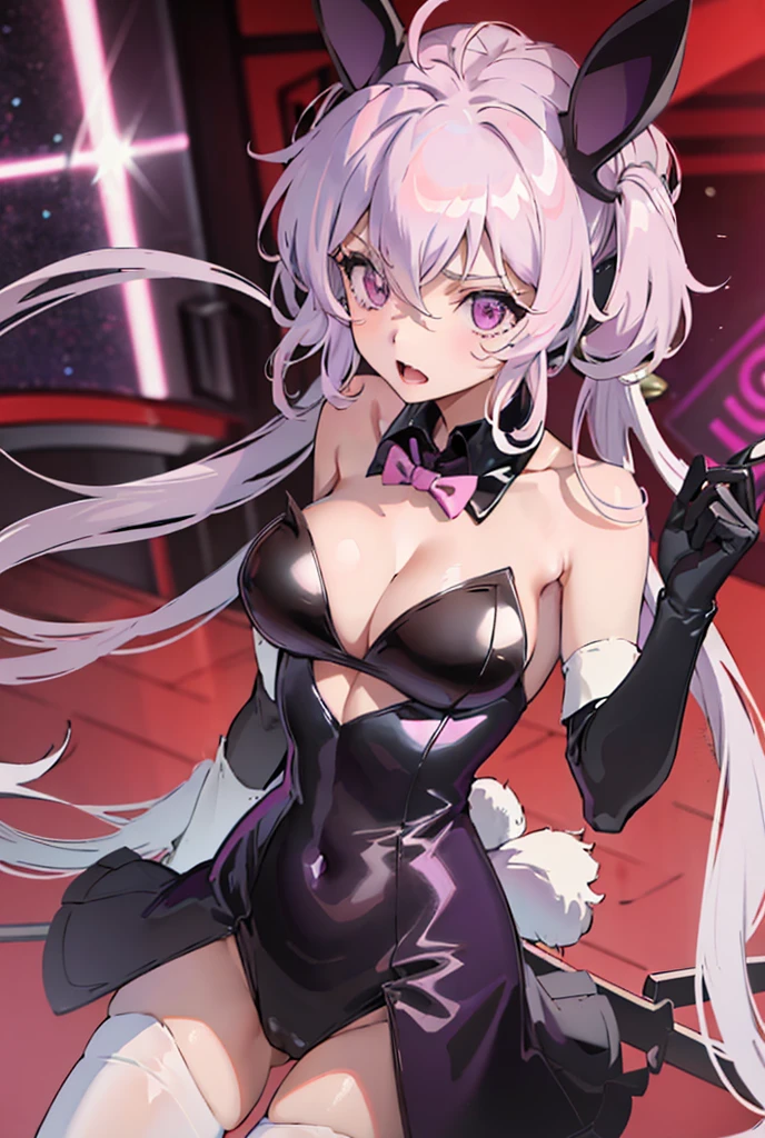 there is a girl dressed in a tight outfit holding a black object, 1girl, yukine chris, solo, rabbit ears, animal ears, breasts, long hair, playboy bunny, pantyhose, purple eyes, twintails, large breasts, fake animal ears, white background, cleavage, very long hair, full bodya very attractive anime women with long pink hair holds a knife and a pair of scissors, 1girl, yukine chris, solo, rabbit ears, animal ears, breasts, long hair, pantyhose, playboy bunny, microphone, purple eyes, large breasts, white background, twintails, cleavage, very long hair