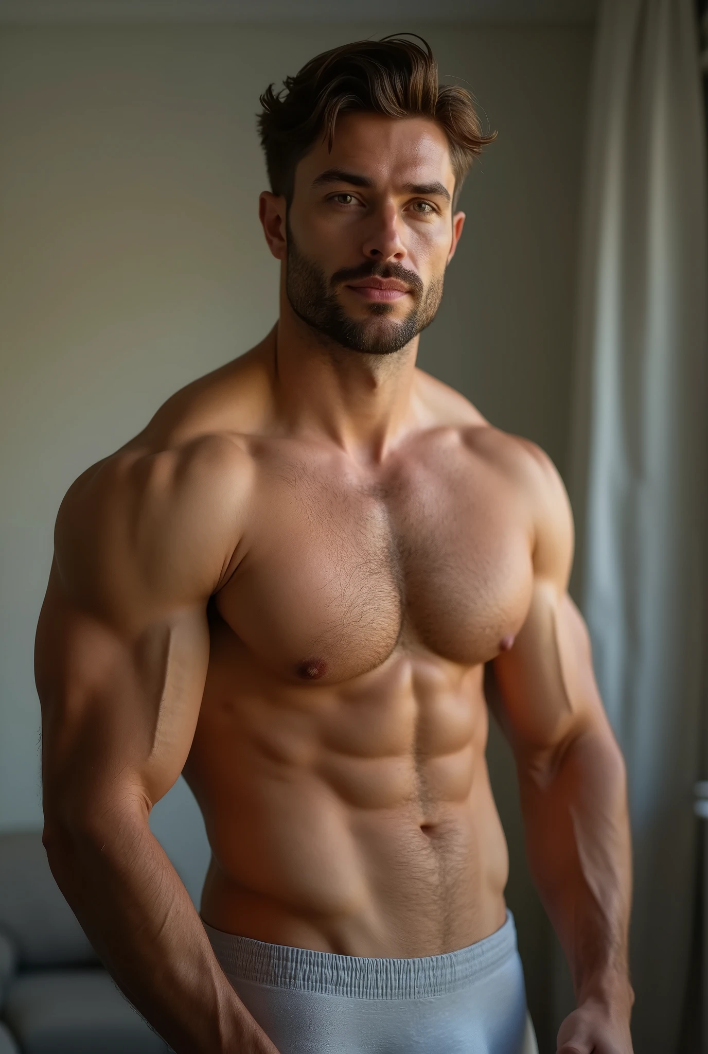 Homme brun 30 ans yeux noisette cheveux court barbu corp de gymnaste pilositee moyenne
 1m80 70kg en boxer


