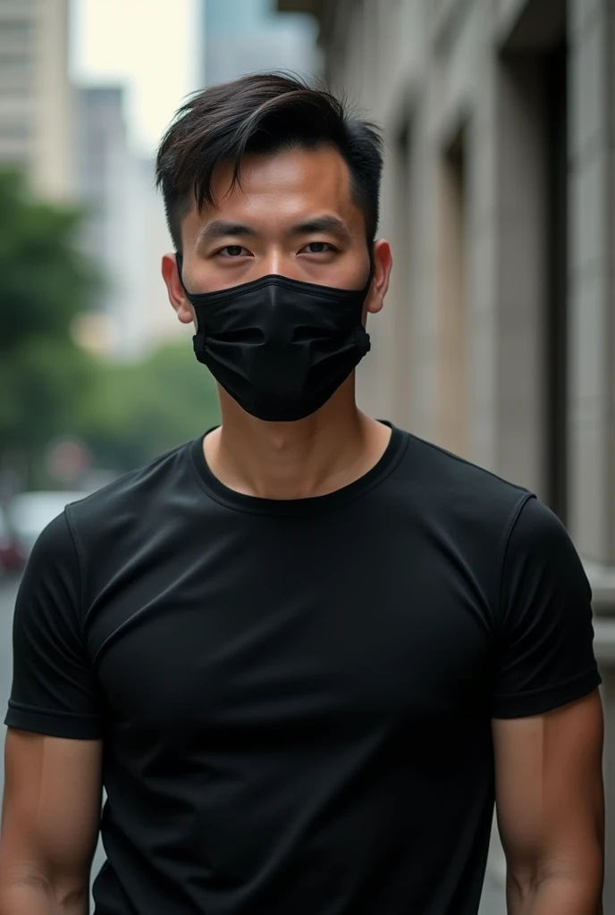 1 Man HD Photo 8K Photo Thai Face Good Figure Wearing Black T-Shirt Blurred Background In The City Short Hair Wearing Mask Wearing Mask Covering Mouth