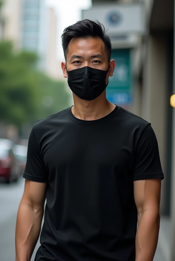 1 Man HD Photo 8K Photo Thai Face Good Figure Wearing Black T-Shirt Blurred Background In The City Short Hair Wearing Mask Wearing Mask Covering Mouth