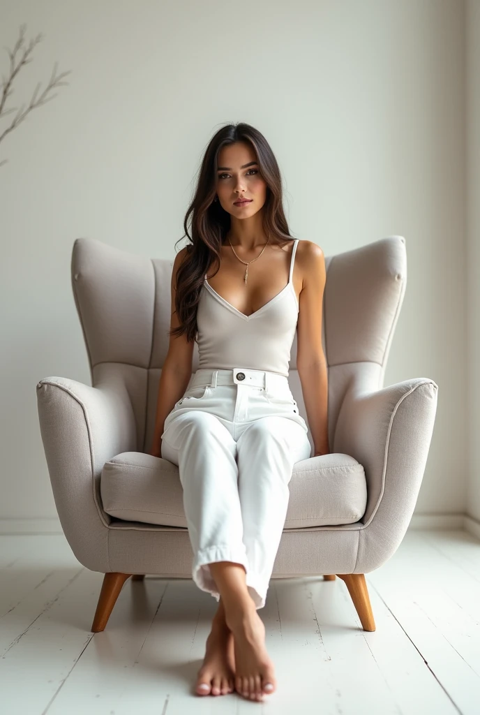 A woman sitting on an M-shaped armchair with open legs and white pants when viewed from the front