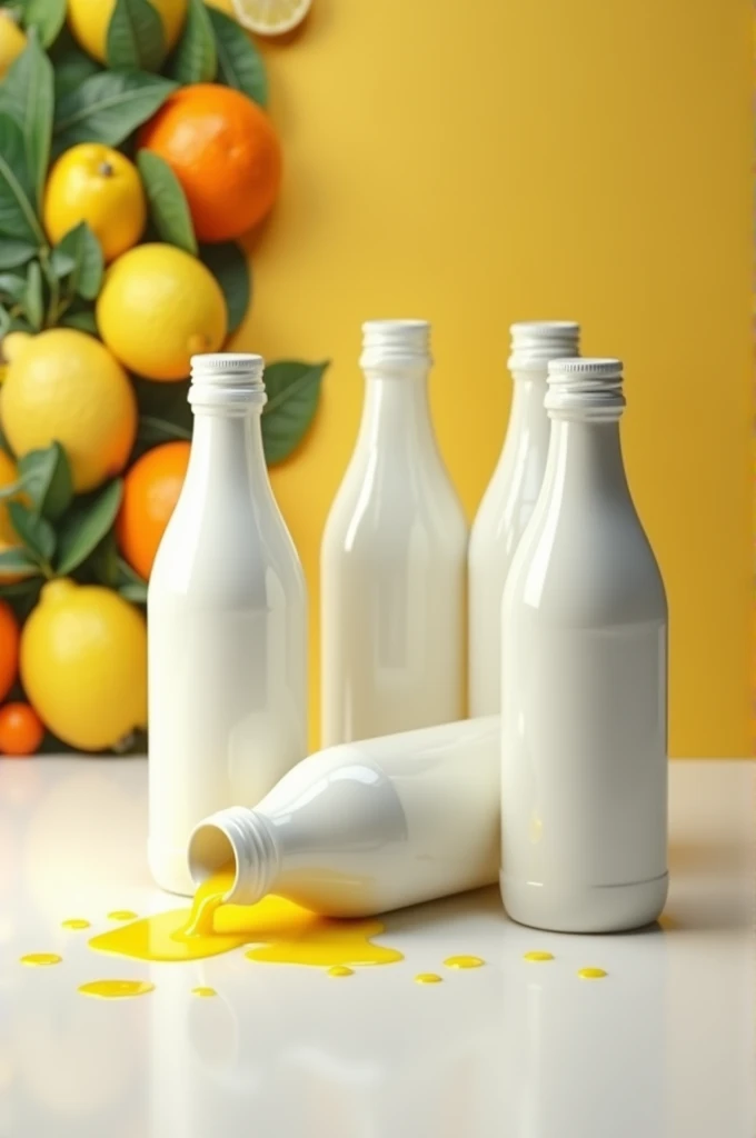 Image with 12 ounce white-capped lemon juice bottles, one bottle spilling juice, fruit image
