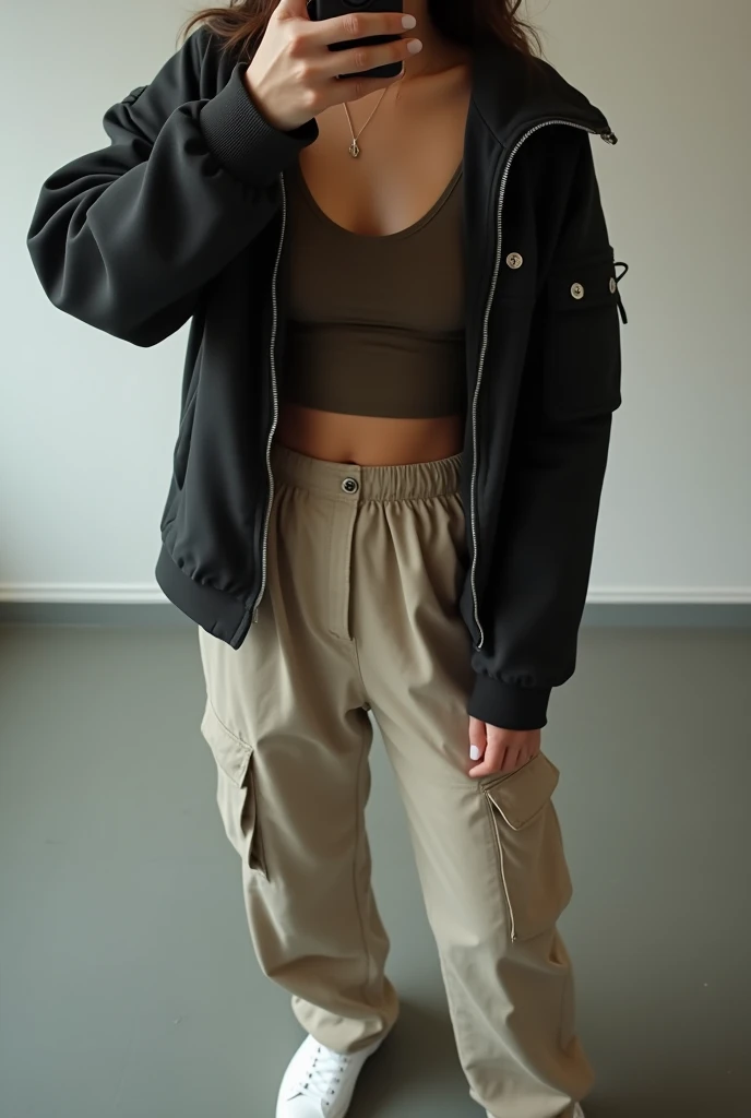 A woman photographing herself from above。Women wear loose cargo pants、He is wearing a zippered jacket over a tank top.。The photo is taken from over her shoulder.、Although her face is not shown、The body from the chest down is in the frame。The background is a simple indoor floor.、The overall composition gives off a casual vibe、Highest quality、