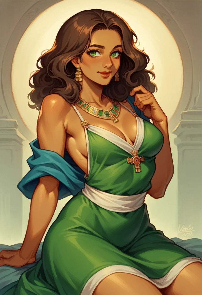 hyperrealistic photography, olive skin, wavy brown hair, green eyes, middle aged woman, beauty, Red cheeks, woken up, Mexico City, Latin American Tower in the background, Ancient clothing style, Indecent travel dress, Reveals skin on the legs, Reveals skin on the hips, Reveals skin on the breasts, NSFW