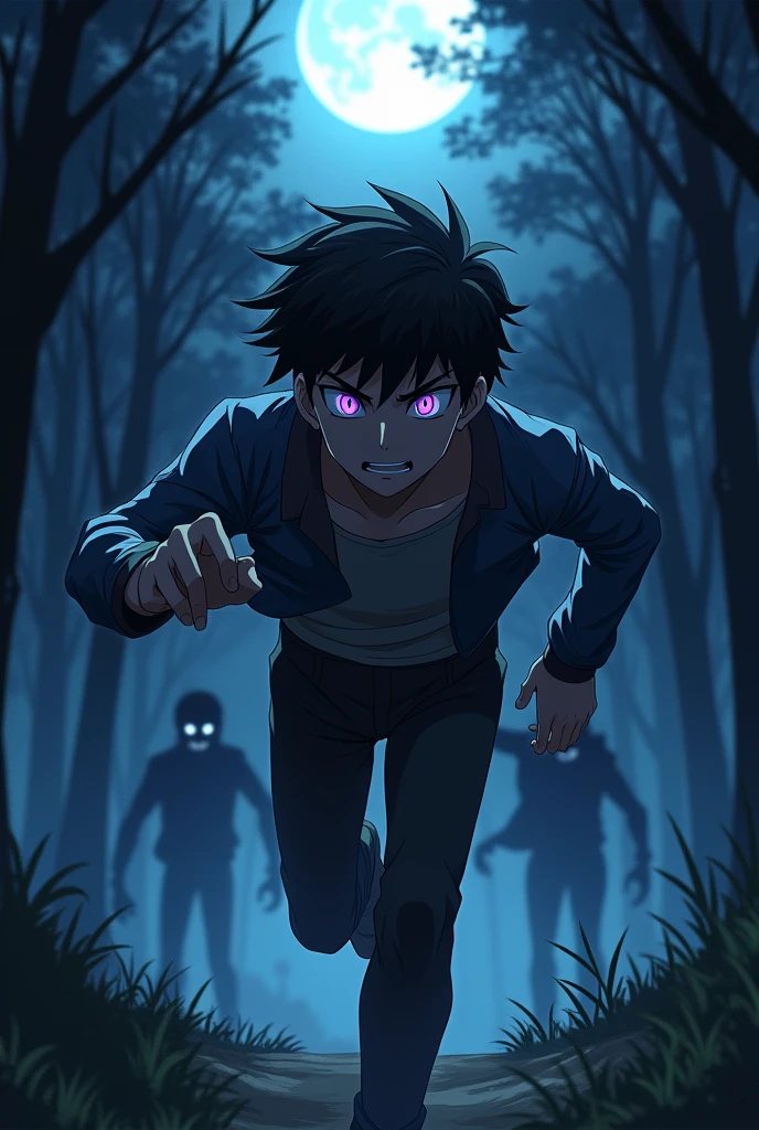 CREATE A MALE CHARACTER, WITH PURPLE EYES, WITH A SERIOUS TONE, RUNNING FROM THE DARK, MAKE IT LIKE A VERY INTENSE DARKNESS, THE SCENE IS IN FRONT AND THE DARKNESS IS BEHIND, PUT SHADOWS COMING OUT OF THE DARKNESS, MAKE THEM LIKE SILHOUETTES OF PEOPLE, MAKE IT AN ANIME CHARACTER, THE SCENE TAKES PLACE IN A FOREST AT NIGHT.
