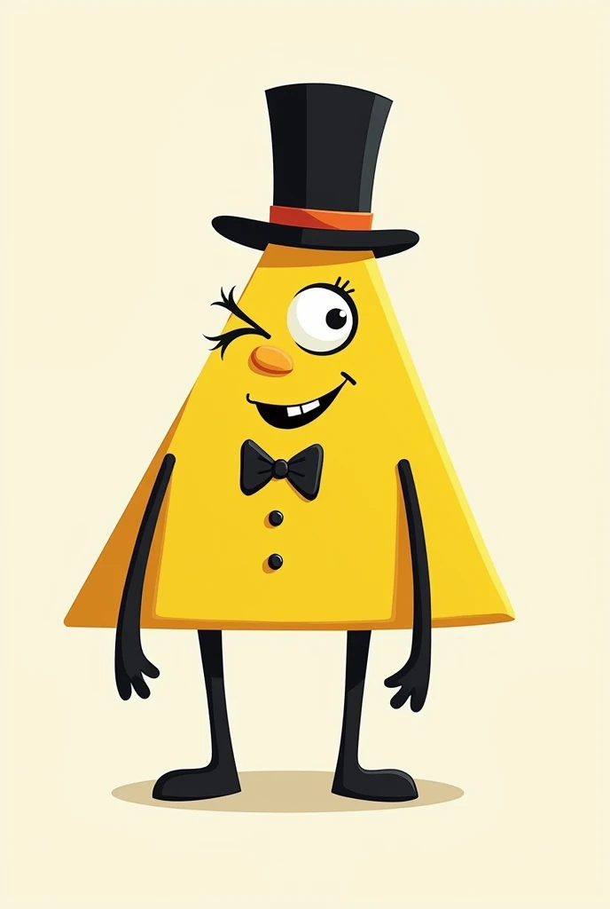 yellow triangle with one eye, eyelashes, bowtie, tophat and black limbs 