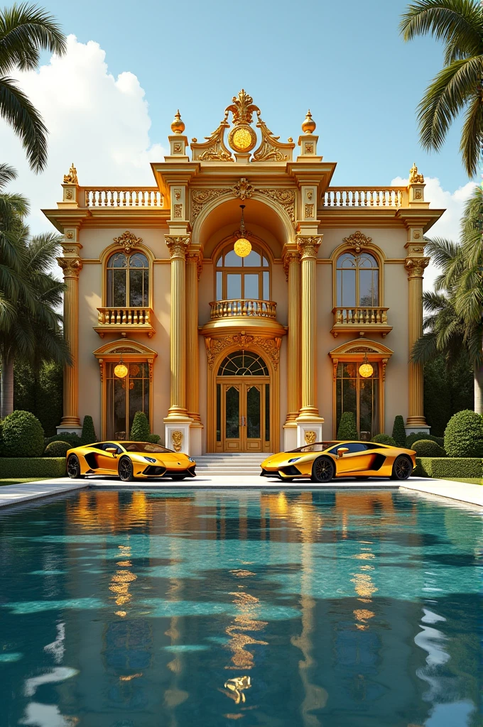 I want very Expensive golden colour house Infront of swimming pool and luxurious golden cars. Give me 16:9 ratio image 