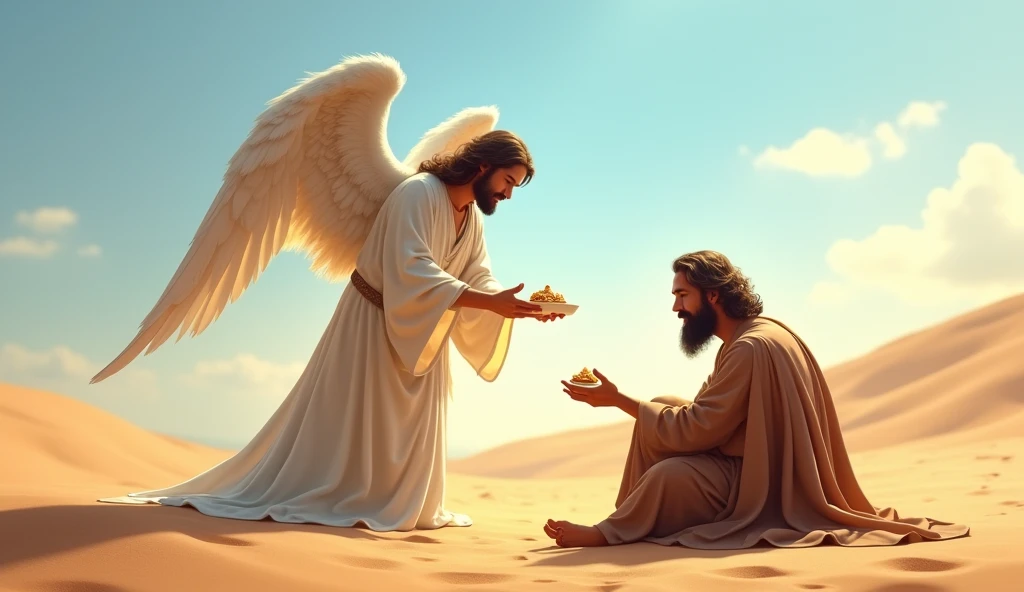 "A serene and inspiring scene in the desert, where a divine-looking angel, with majestic wings and ethereal robes, is offering food to Elijah. The scenery should depict an arid desert, with sand dunes under a clear blue sky. Elias, a tired and exhausted looking man, is sitting on the floor, accepting the angel food with an expression of gratitude and relief. Soft sunlight illuminates the scene, creating a heavenly and peaceful environment, reflecting divine intervention and God's care. Include details like the shine on the angel's wings and the texture of the sand around it.."