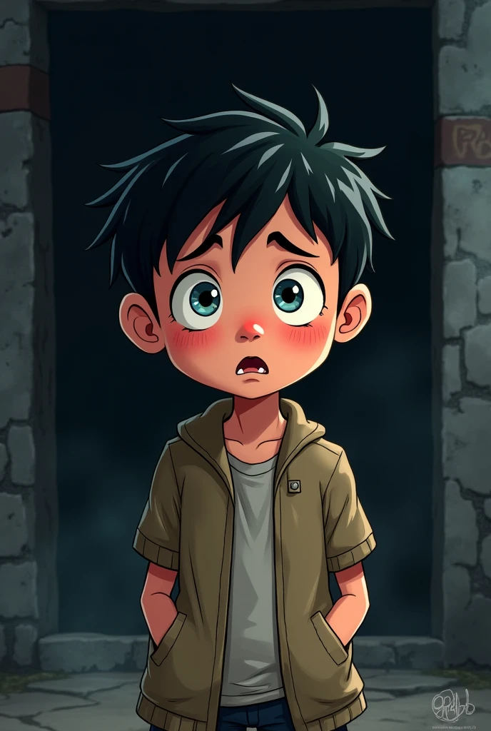 Scared eleven year old boy, dark hair and eyes, poor, with a short-sleeved jacket and no broken pockets, animated cartoon.