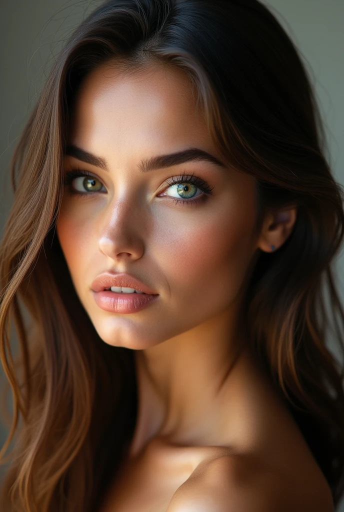 fille brune, yeux vert, latine, 25ans regarde vers la camera, naturel, yeux en amandes nez fins allongée